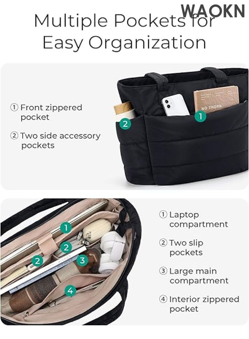 WAOKN Tote Bag for Women and men , Lightweight Puffy Tote Bag with Compartments Shoulder Bag Handbag , suitable for Travel , Work , Gym , Lightweight , Puffy , Quilted , for Travel , Work , unisex , black. - Image 5
